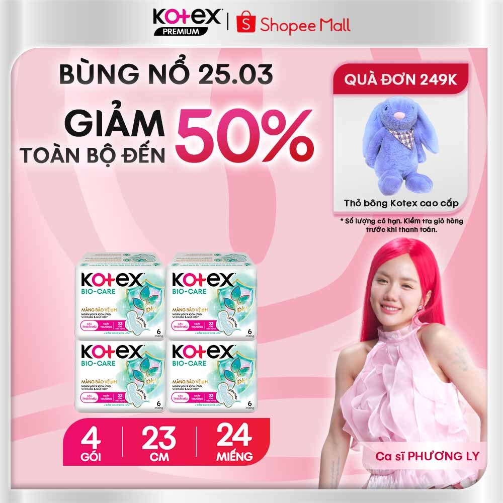 Combo 4 Băng vệ sinh Kotex Biocare Ban Ngày siêu mỏng cánh 23cm - 6 miếng/gói