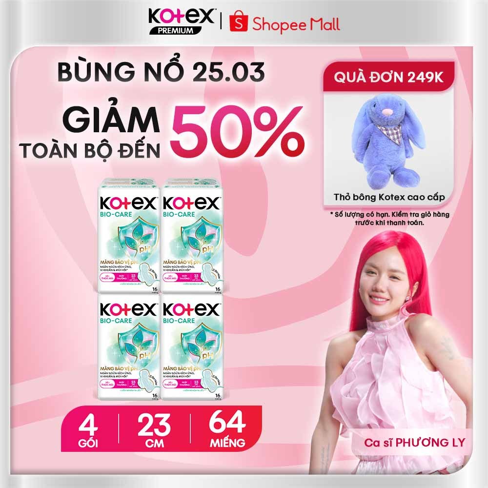 Combo 4 Băng vệ sinh Kotex Biocare Ban Ngày siêu mỏng cánh 23cm - 16 miếng/gói