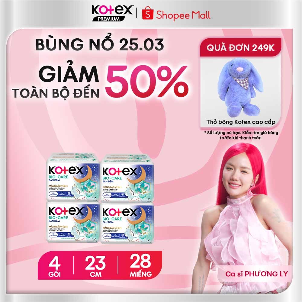 Combo 4 Băng vệ sinh Kotex Biocare Ban Đêm siêu mỏng cánh 32cm - 7 miếng/gói