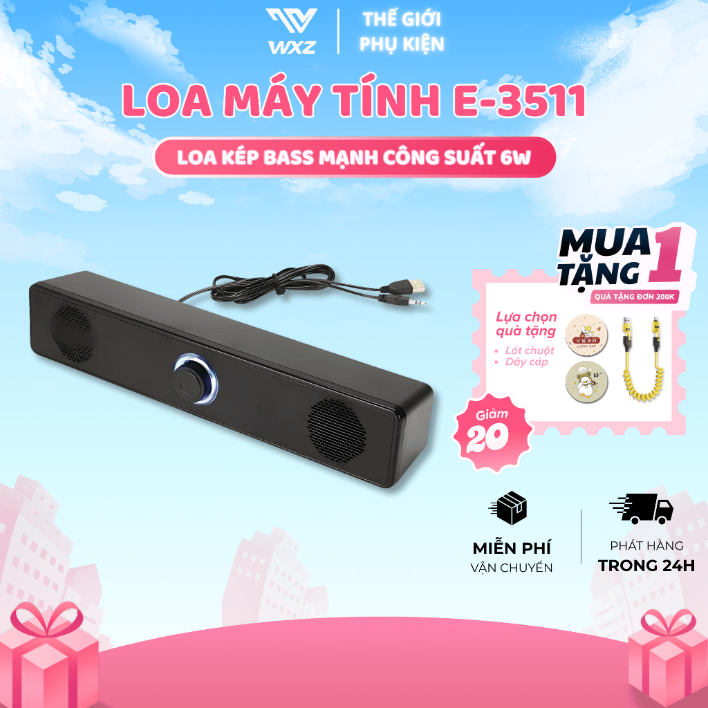 Loa Bluetooth E-3511 Kép 6W, Âm Thanh Bass Mạnh, Kết Nối PC Laptop Điện Thoại, Loa Vi Tính Để Bàn