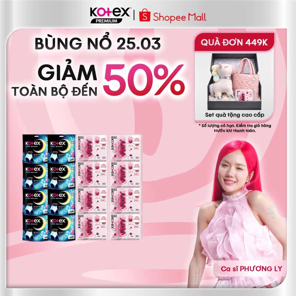 Combo 16 gói băng vệ sinh siêu tiết kiệm: 8 gói Kotex Cranberry kháng viêm + 8 gói băng quần Kotex B