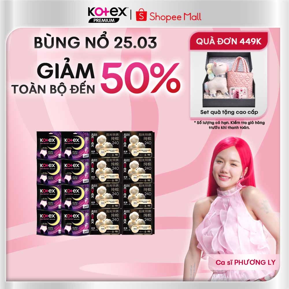 Combo 16 gói băng vệ sinh siêu tiết kiệm:8 gói Kotex Cotton bông thuần khiết + 8 gói băng quần Kotex
