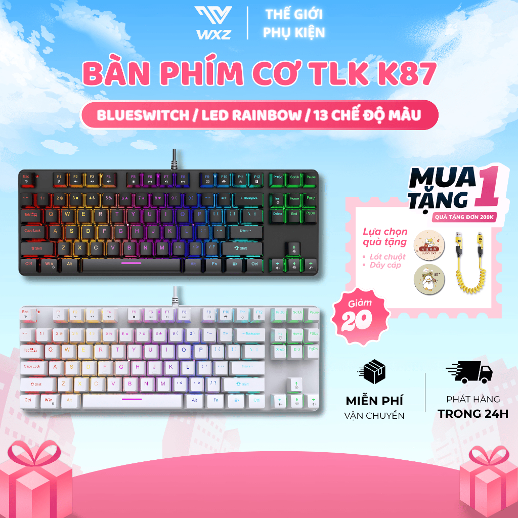 Bàn Phím Cơ Có Dây K87 Pro LED RGB 16 Chế Độ – Blue Switch, Layout 87 Phím TKL, Keycap Xuyên Led