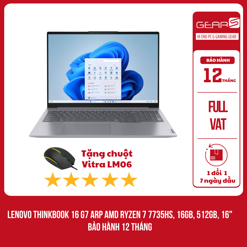 [FULL VAT] Laptop LENOVO ThinkBook 16 G7 ARP AMD Ryzen 7 7735HS, 16GB, 512GB, 16" WUXGA - Bảo Hành 1