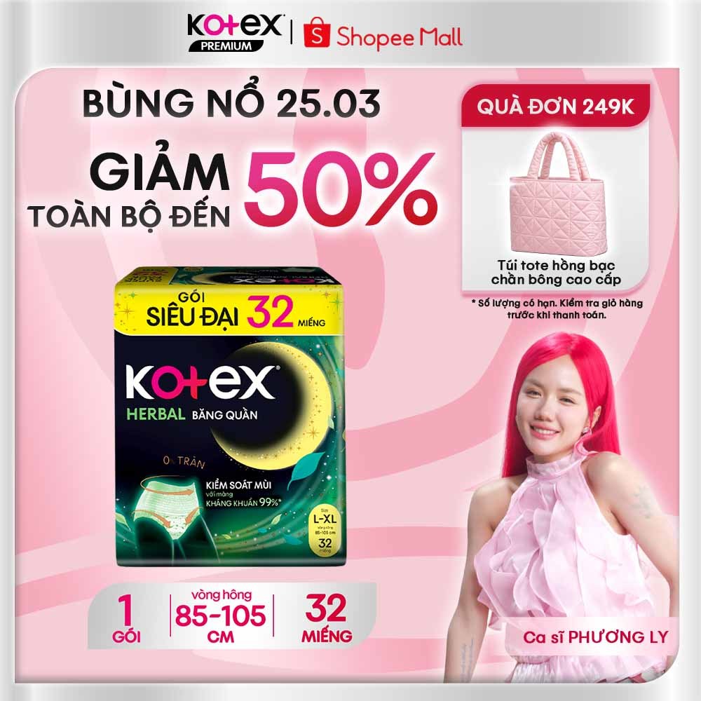 Băng Vệ Sinh Dạng Quần Kotex Thảo Dược Ban Đêm Cỡ L/XL 32 Miếng/Gói