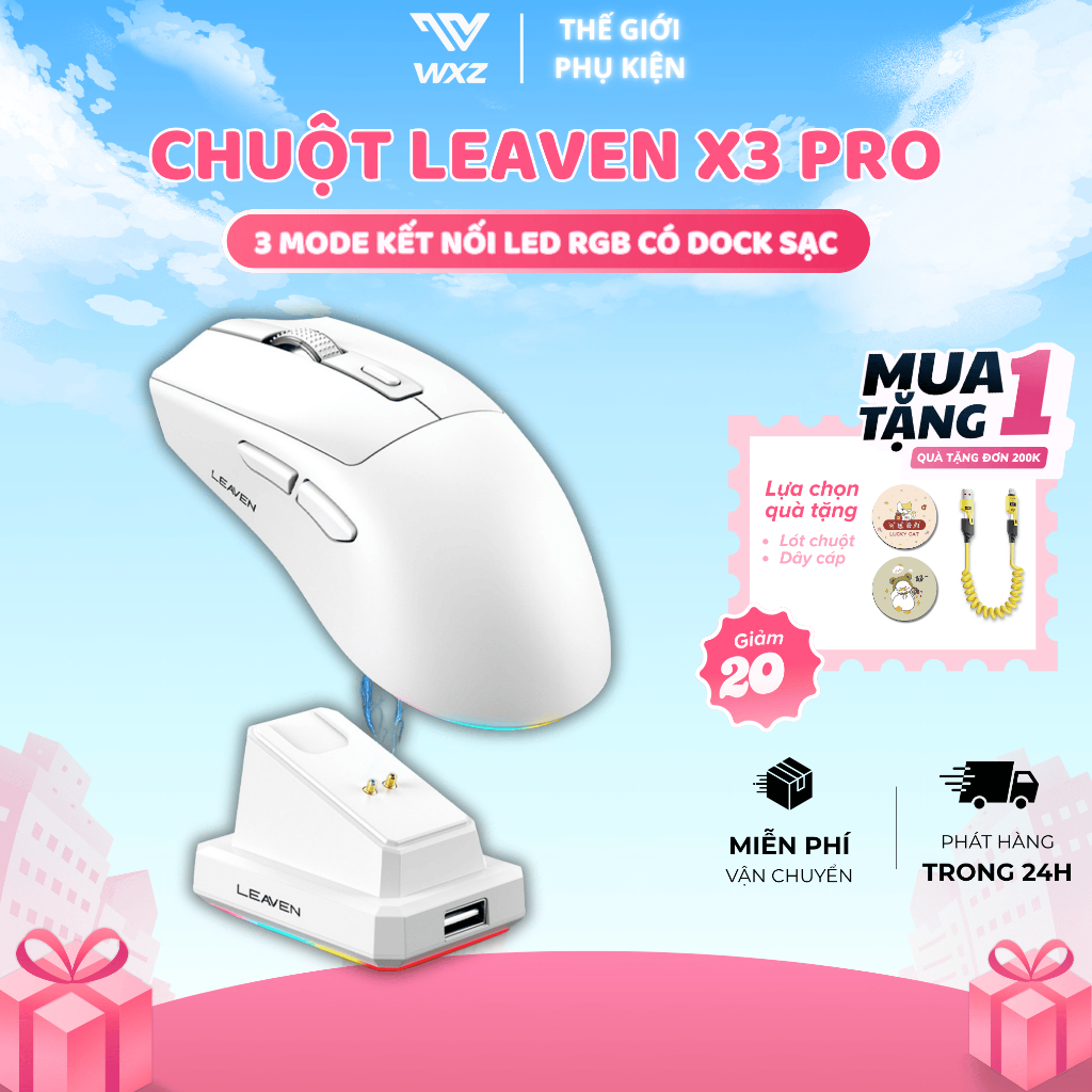 Chuột Gaming Leaven X3 Pro Wireless Dual Mode, Cảm Biến Chip Pro, Dock Sạc Thông Minh, Công Thái Học