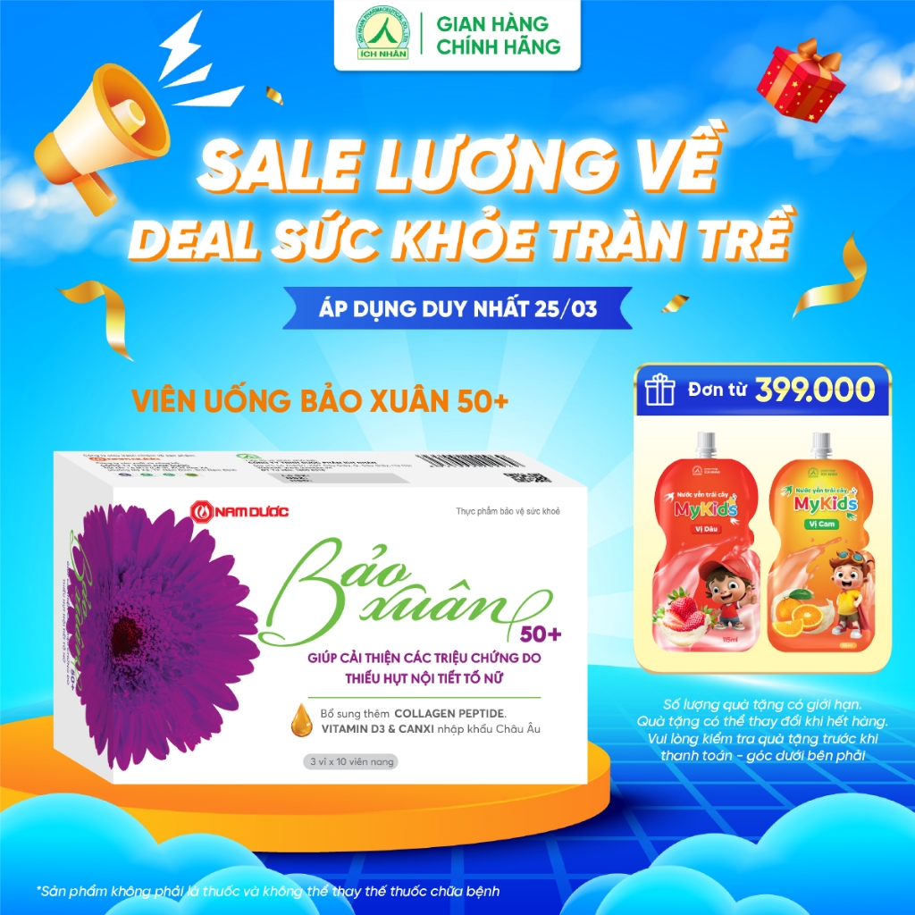 Viên uống Bảo Xuân 50+ Hỗ trợ cân bằng nội tiết,giảm bốc hỏa, giảm khô sạm - Hộp 30 viên