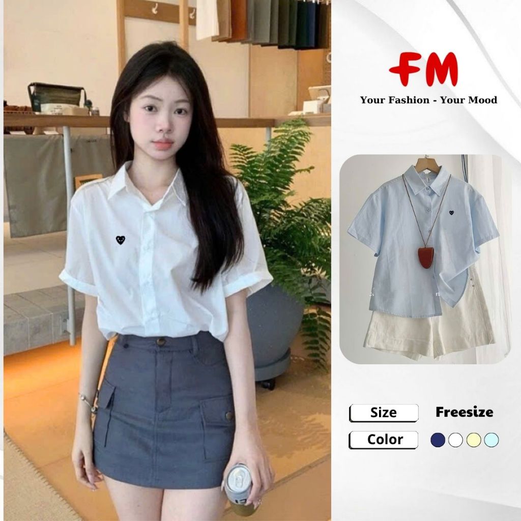 Áo Sơ Mi Nữ Tay Ngắn FMSTYLE SHOP- Thêu Tim Đen Form Oversize Phong Cách Hàn Quốc Trẻ Trung 26030478