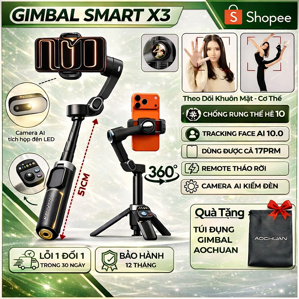 Gậy chống rung Gimbal Smart X3 - chống rung cực độ, xoay 360 độ dễ dàng bản nâng cấp mới nhất 10.0