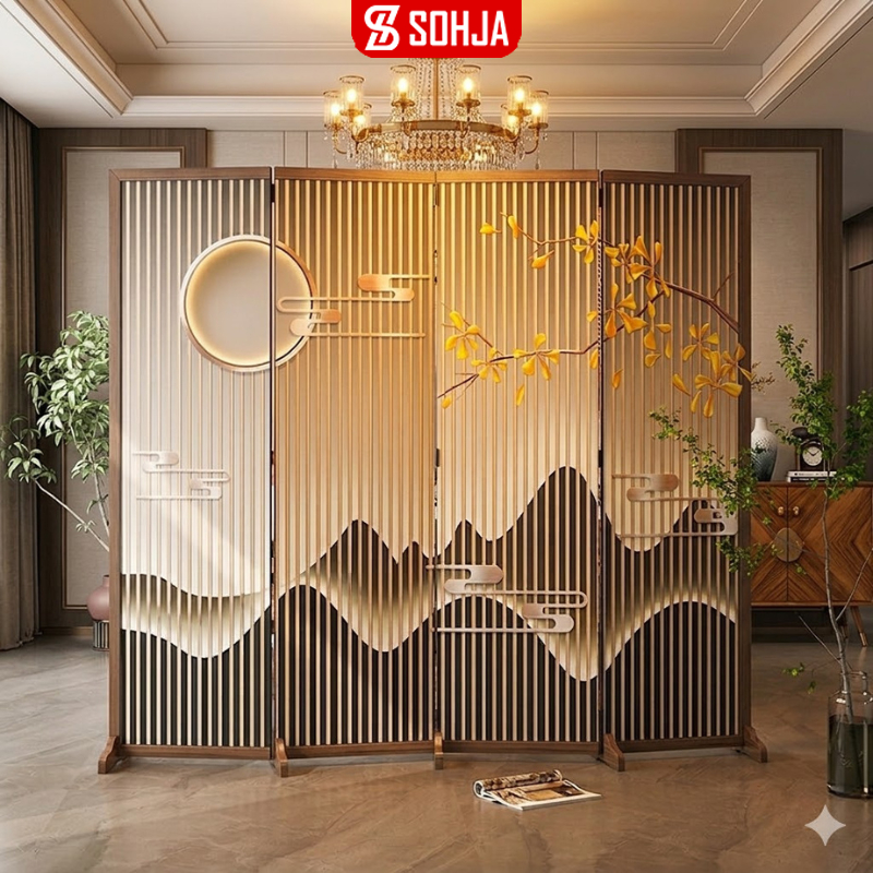 Bộ bình phong in tranh phong thuỷ khung gỗ in trên vải canvas thương hiệu SOHJA - GP392