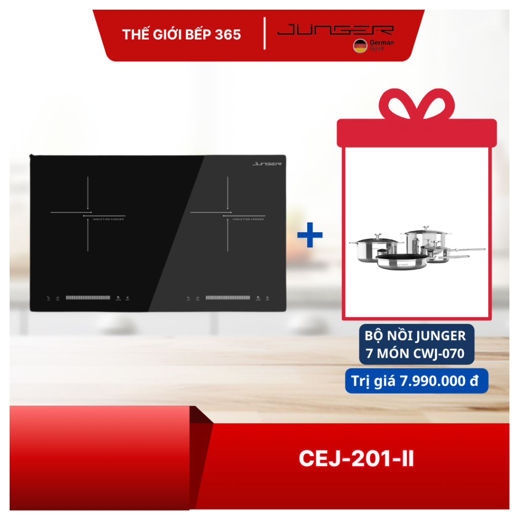 [TẶNG NỒI] Bếp từ đôi Junger CEJ-201-II - Nấu ăn tiện lợi, Tặng Bộ nồi inox 7 chi tiết