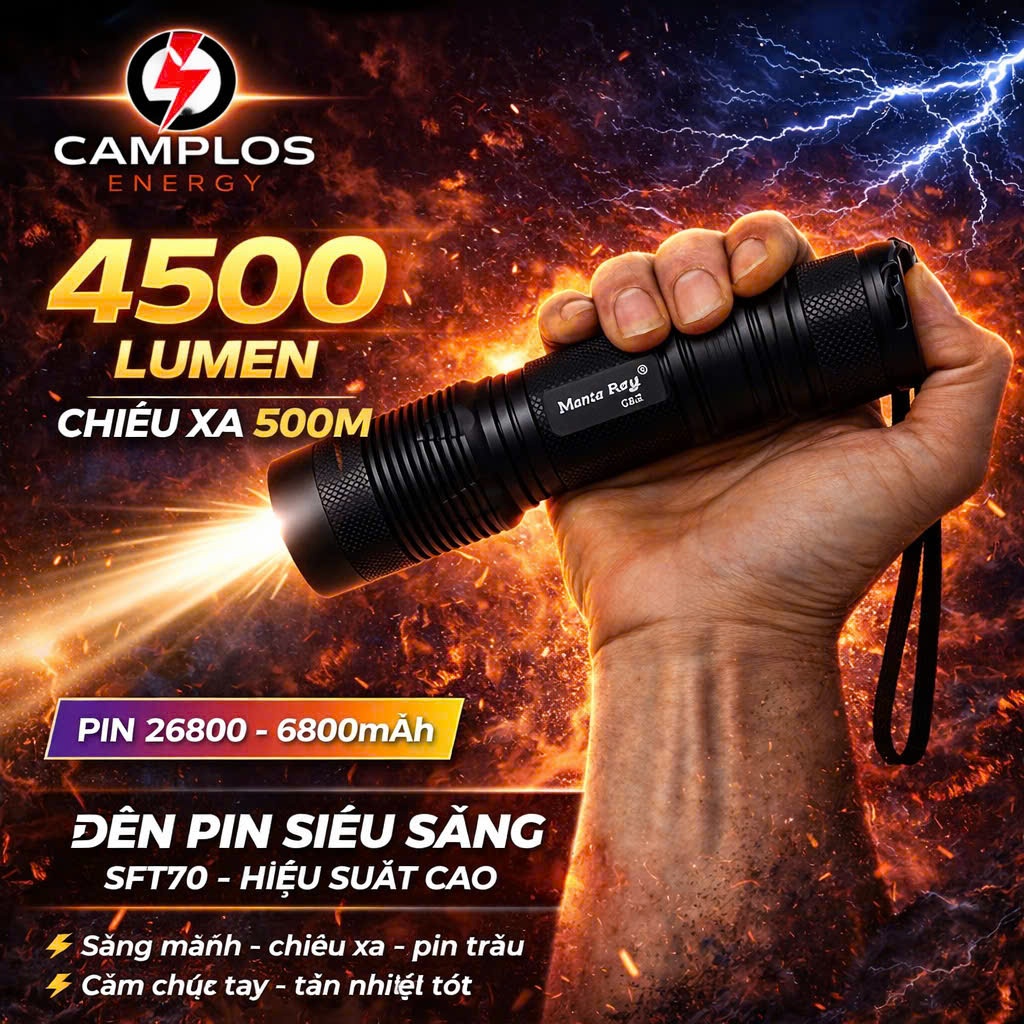 Camplos Đèn pin siêu sáng Mantaray C8.2 SFT70 4500 lumen pin 26650 đèn pin cầm tay hợp kim nhôm chốn