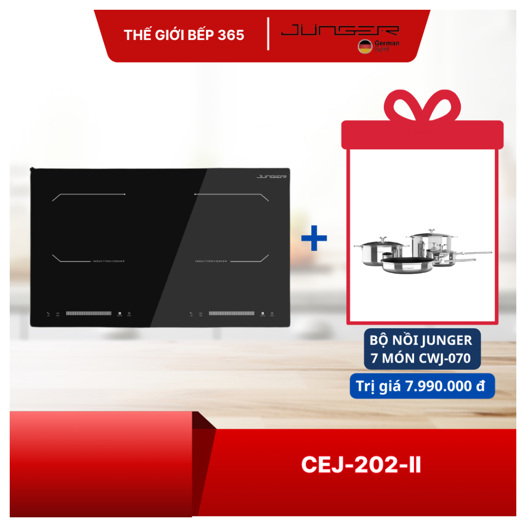 [TẶNG NỒI] BẾP ĐIỆN TỪ ĐÔI JUNGER CEJ-202-II – Tiết kiệm điện, Tặng Bộ nồi inox 7 chi tiết