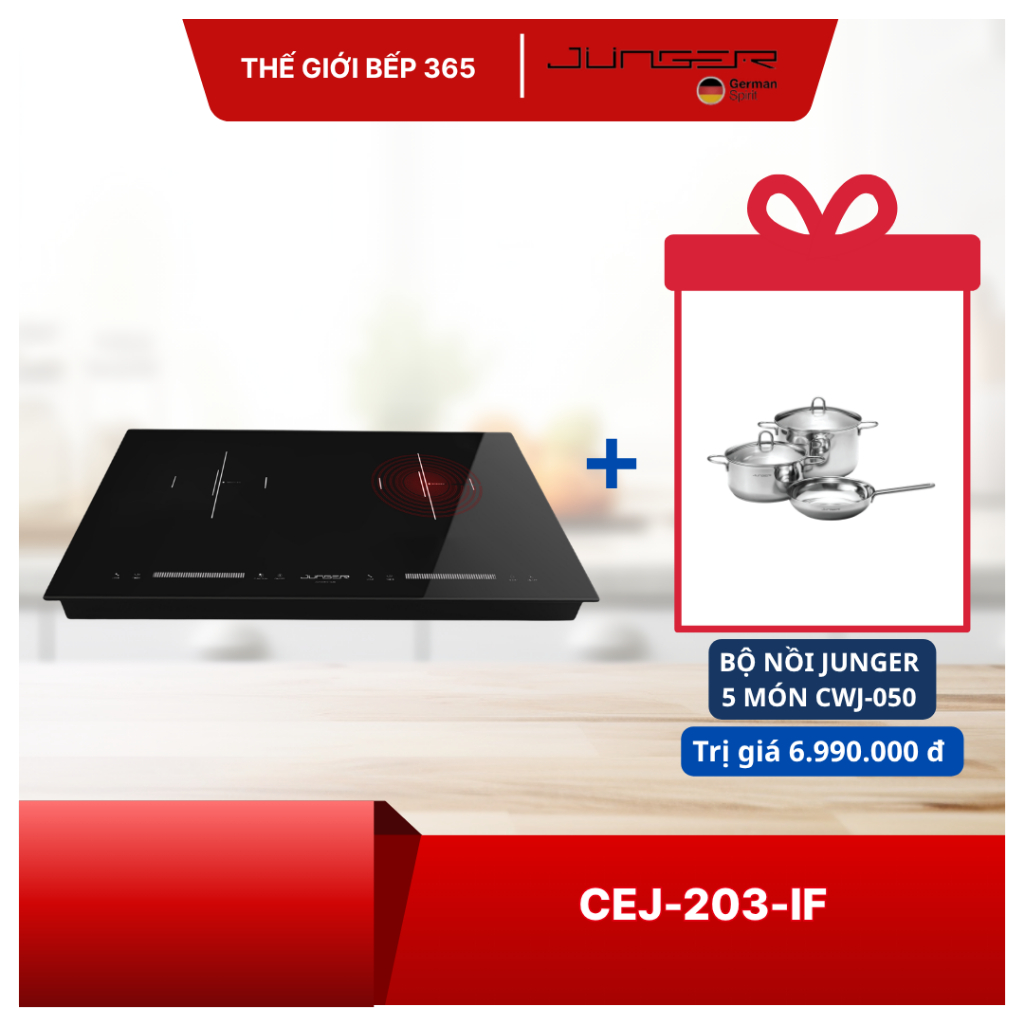 [TẶNG NỒI] BẾP ĐIỆN ĐÔI JUNGER CEJ-203-IF – Bảo hành chính hãng, Tặng Bộ nồi inox 5 chi tiết Junger 