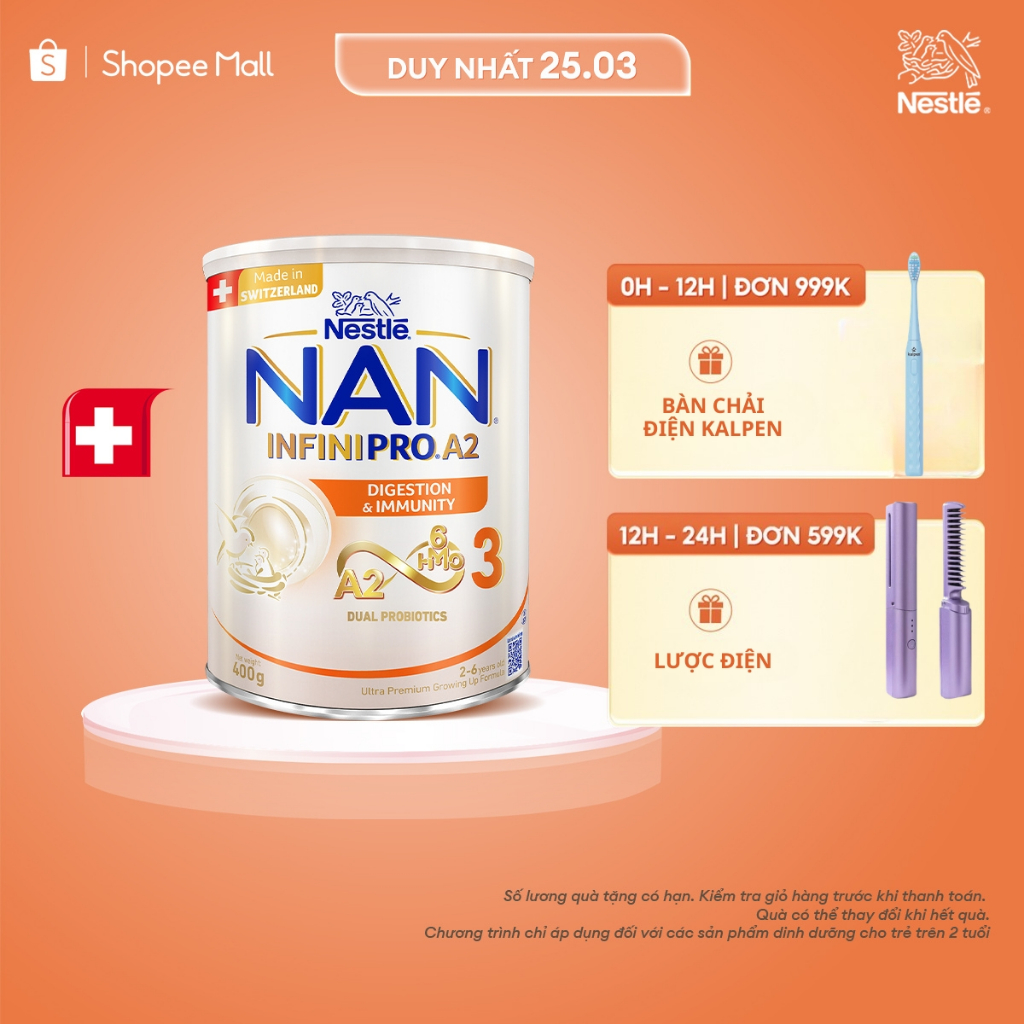 [LÔ MỚI] Sữa bột Nestlé NAN INFINIPRO A2 3 400g nhập khẩu Thụy Sĩ với công thức chứa đạm A2, 6HMO & 