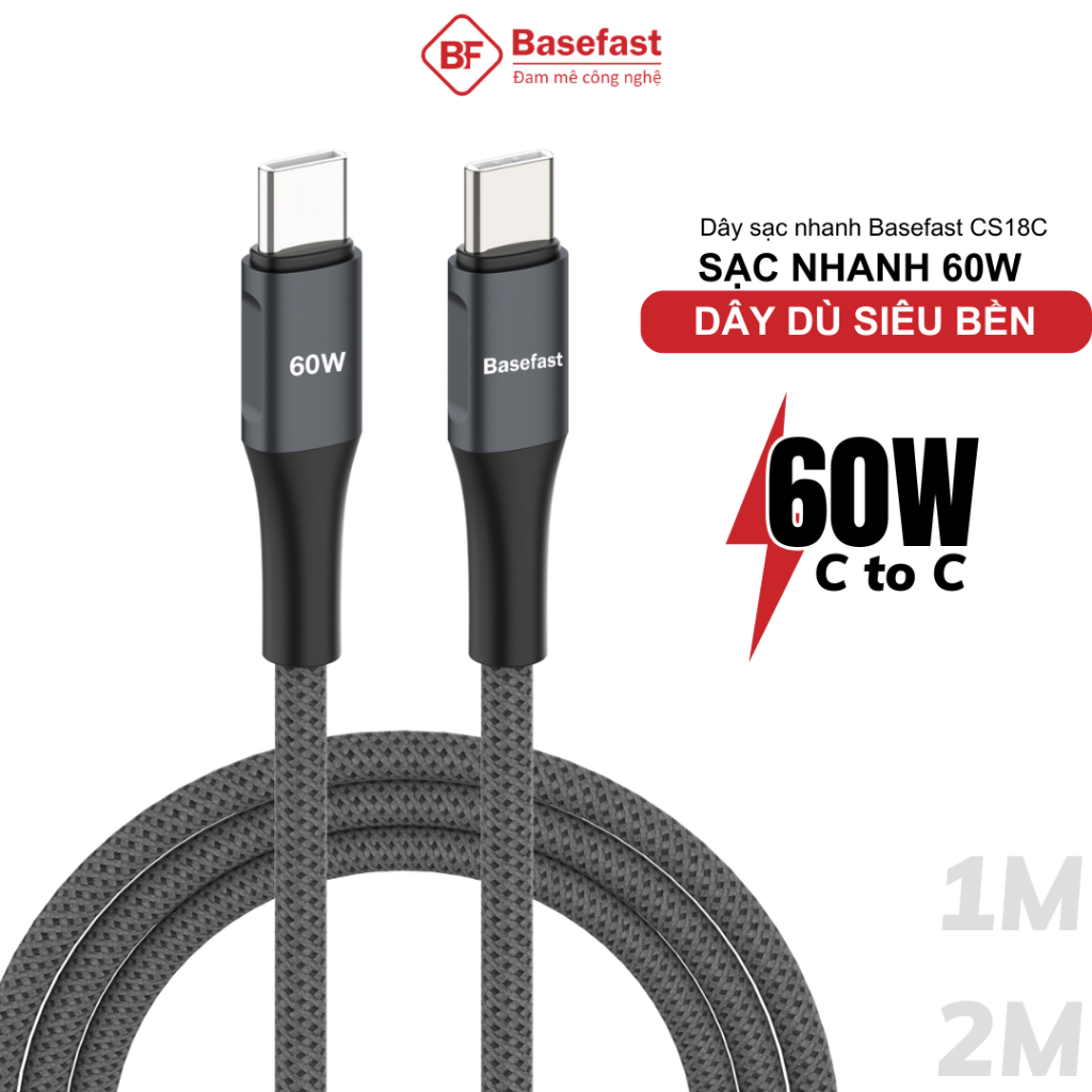 Dây sạc nhanh Type C 60W Basefast cáp bọc dù 1m 2m C to C dùng cho Phone 15 16 17 samsung xiaomi ..