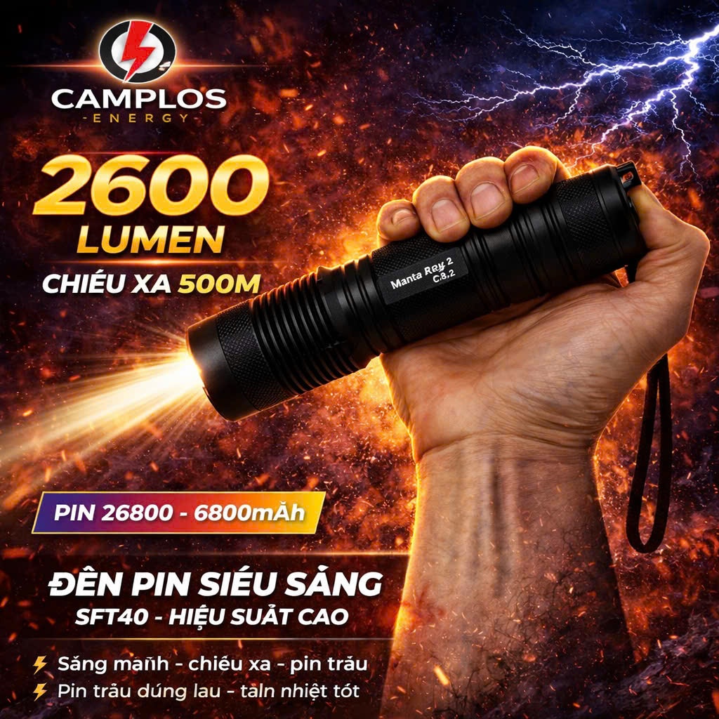 Đèn pin siêu sáng Mantaray C8.2 2600 lumen đèn bin chiếu xa led sft40 21w vỏ nhôm chống nước công tắ