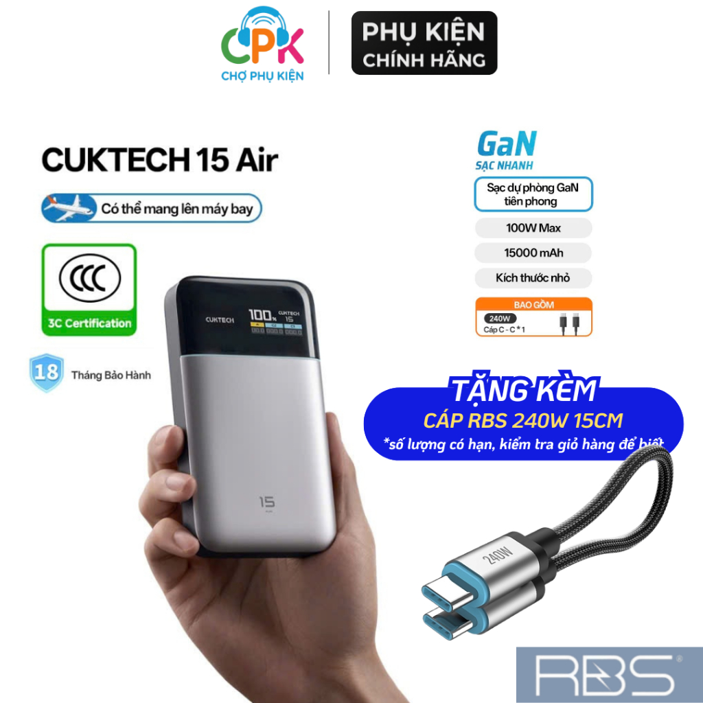 [Nguyên Seal - BH 18TH] Bộ Sạc Cuktech 15 Air PB150S 2C1A | Pin Silicon Carbon | GaN Tech | 100W output Max | BigBuy360 - bigbuy360.vn