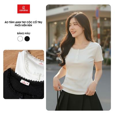 Áo thun nữ Cardina vải sợi lạnh tay cộc cổ trụ phối viền ren trẻ trung 6AFC03