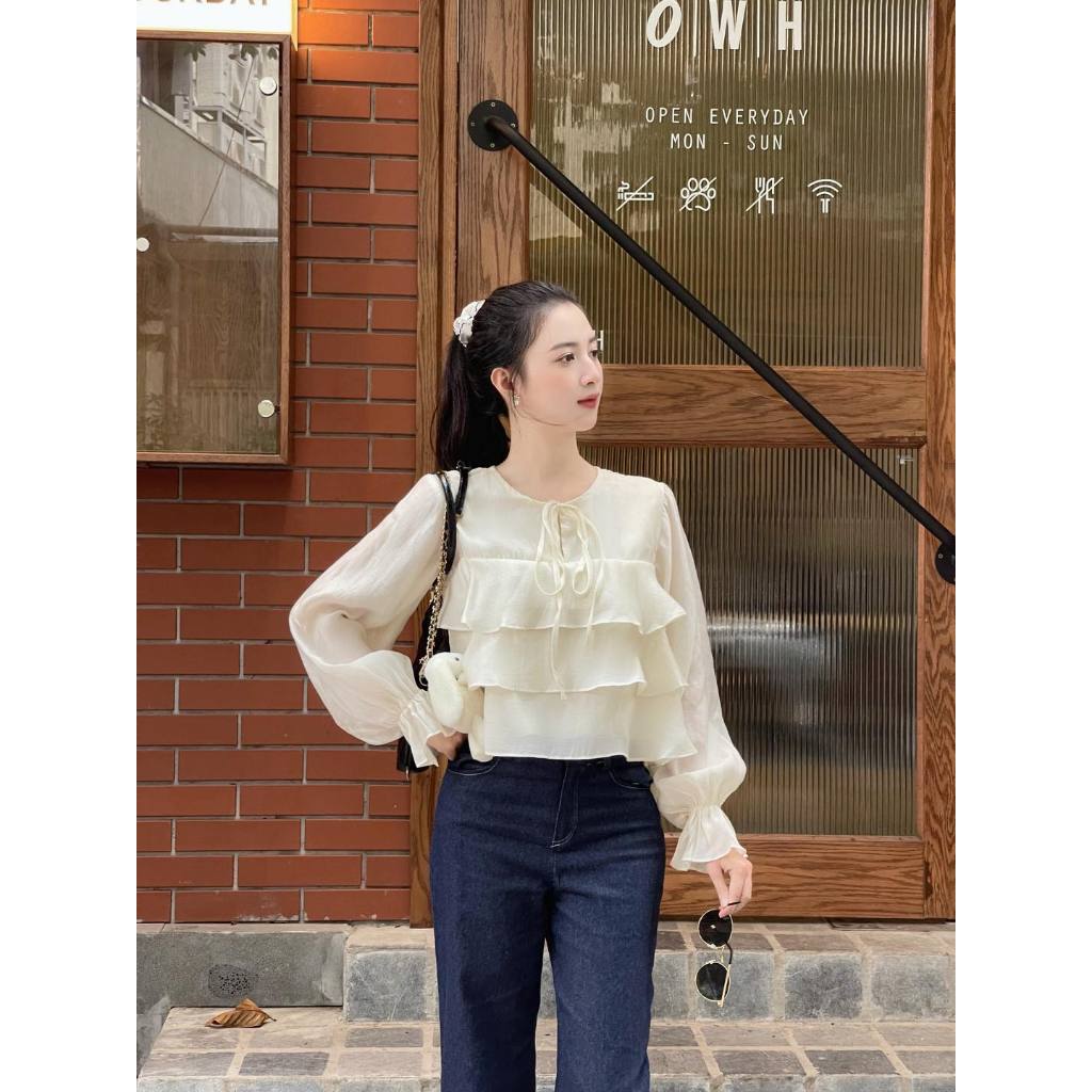 Áo kiểu nữ, áo cổ tròn tiểu thư tay bồng dáng lửng - Cara top | JAMILA |