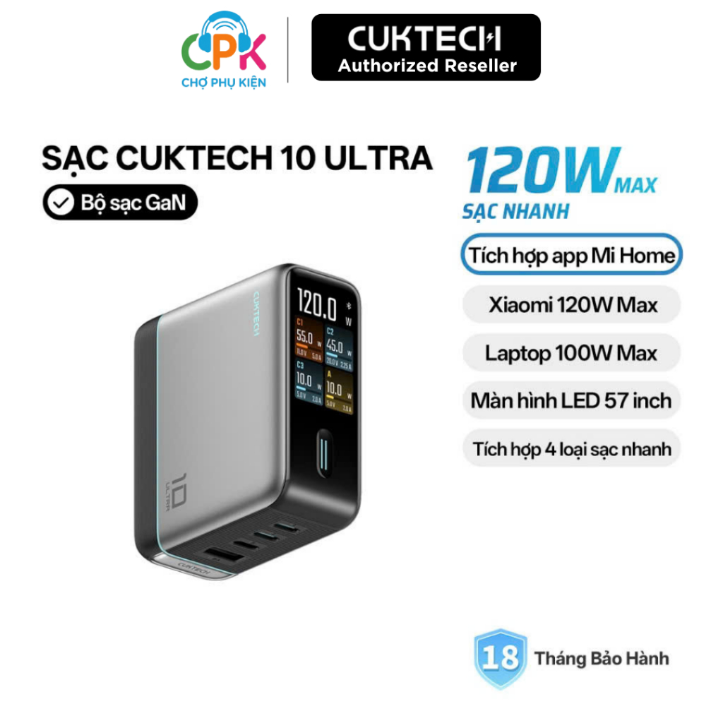 [ BH 18 tháng ] Củ Sạc GaN CUKTECH 10 ULTRA 3C1A | Công Suất 120W |Hỗ Trợ Sạc Nhanh | AD1204U | BigBuy360 - bigbuy360.vn