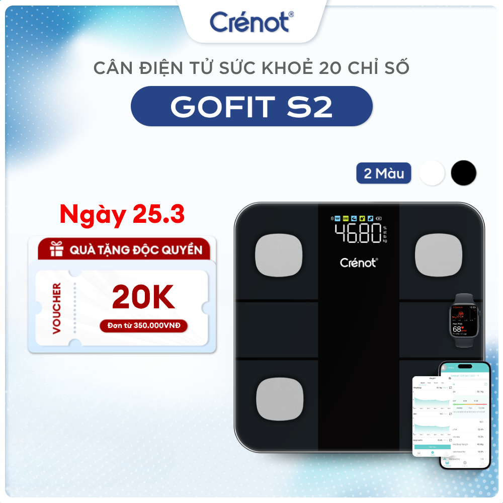 Cân điện tử sức khỏe thông minh Crenot Gofit S2 cân đo 20 chỉ số cơ thể phân tích lượng mỡ cân y tế điện tử mini inbody