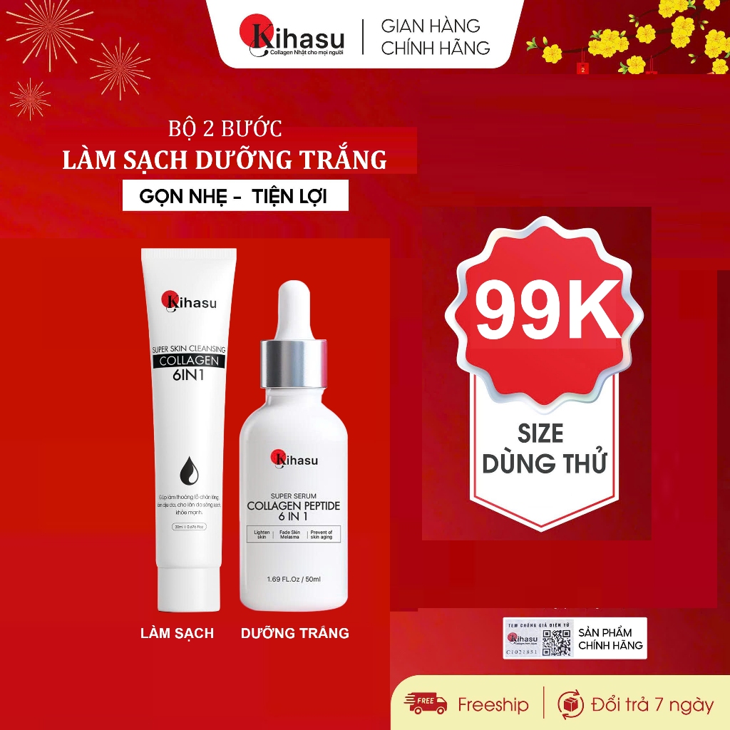 Set Dưỡng Da Mini Làm Sạch Dưỡng Trắng Kihasu Sữa Rửa Mặt Làm Sạch Sâu Tẩy Da Chết Dịu Nhẹ Serum Dưỡ