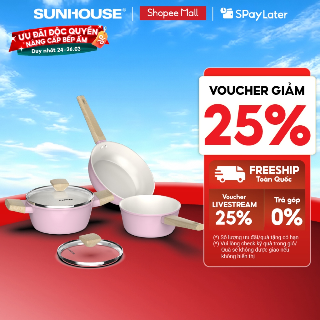 Bộ nồi phủ sứ Nano đáy từ Sunhouse Healthy SHG7979MP3/MT3 - Chống dính Nano Ceramic - Dùng mọi loại bếp