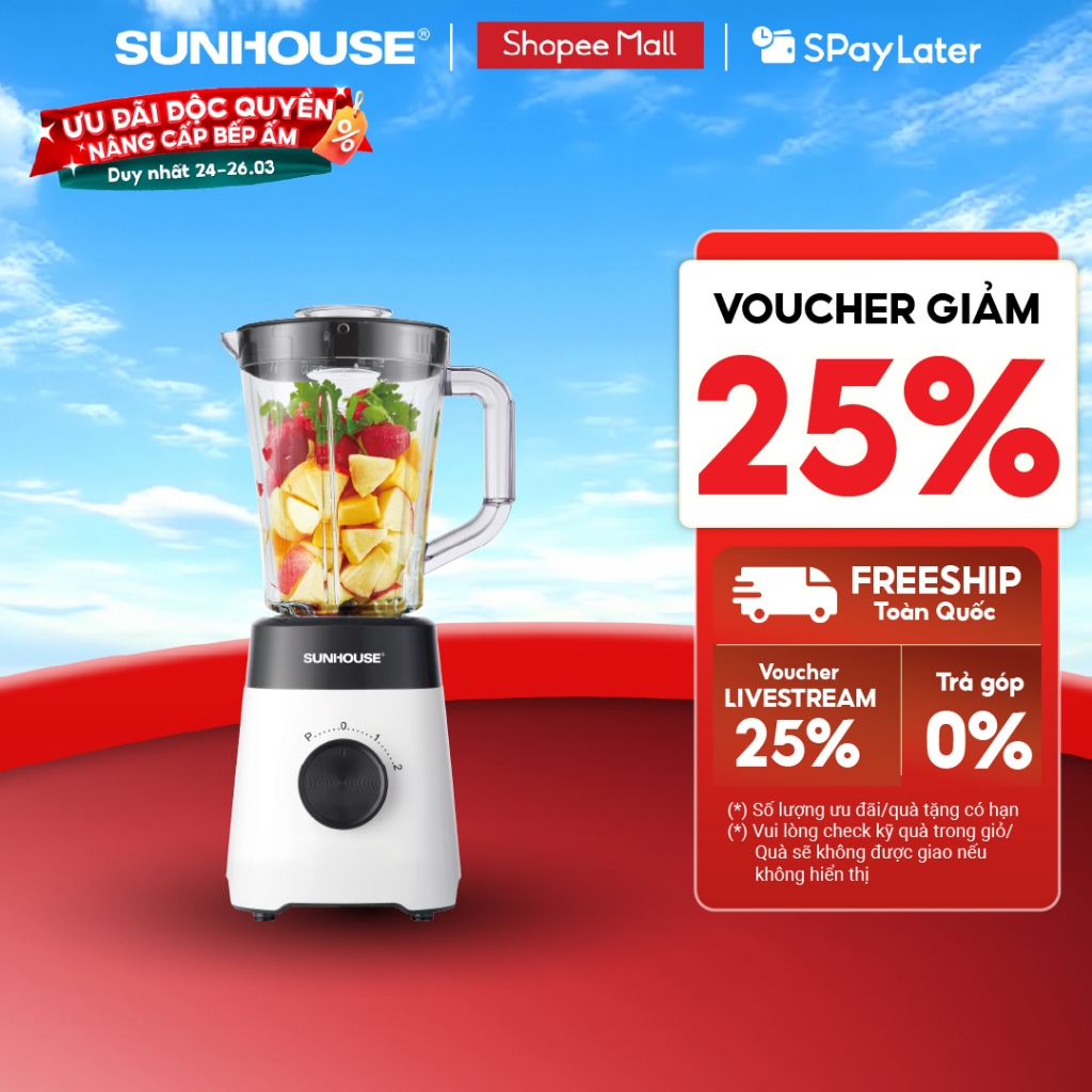 Máy xay sinh tố đa năng Sunhouse SHD5114 - Công suất 450W - Lưỡi dao Inox sắc bén - 3 chức năng - Hàng chính hãng