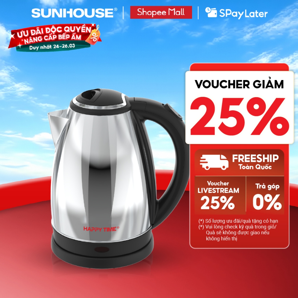 Ấm siêu tốc 1.5L SUNHOUSE Happy Time HTD1055 - Tự ngắt khi nước sôi, cạn nước - Tay cầm chống nóng, thân inox không gỉ