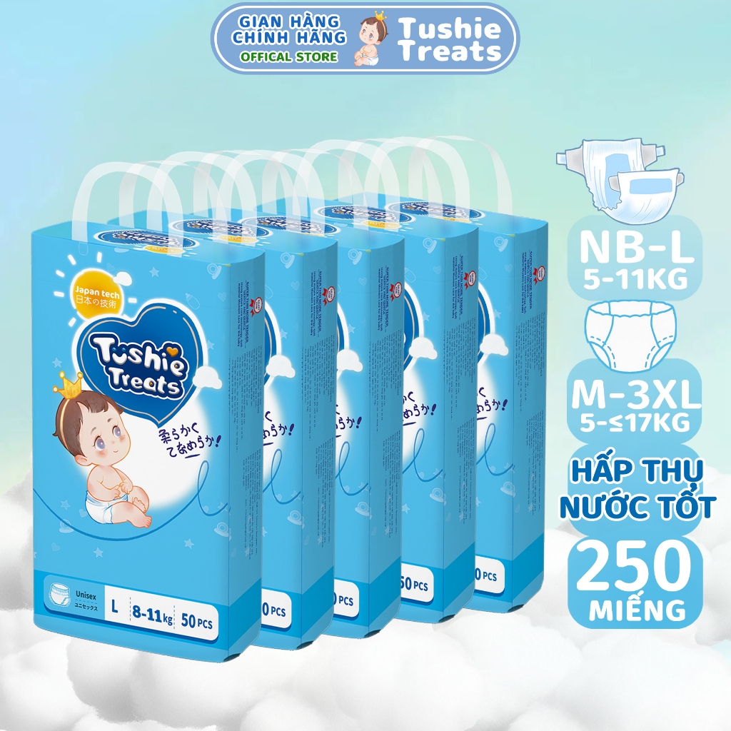 【5 gói】Tushie Treats tã em bé siêu mỏng, Công nghệ ôm sát thấm hút thông thoáng NB-S-M-L-XL-XXL-XXXL