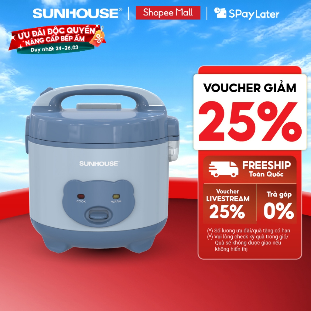 Nồi cơm điện 1.2L Sunhouse SHD8214 - 500W, Gia đình 2-3 thành viên - Nút gạt tiện lợi - Lòng nồi phủ chống dính kép