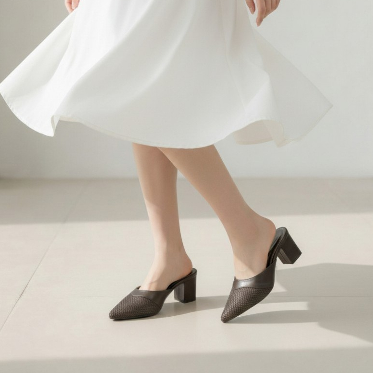 (Chân đầy đôn size) Giày Sục nữ cao gót vuông 5p và 7p bít mũi quai lưới viền phối màu - BM147