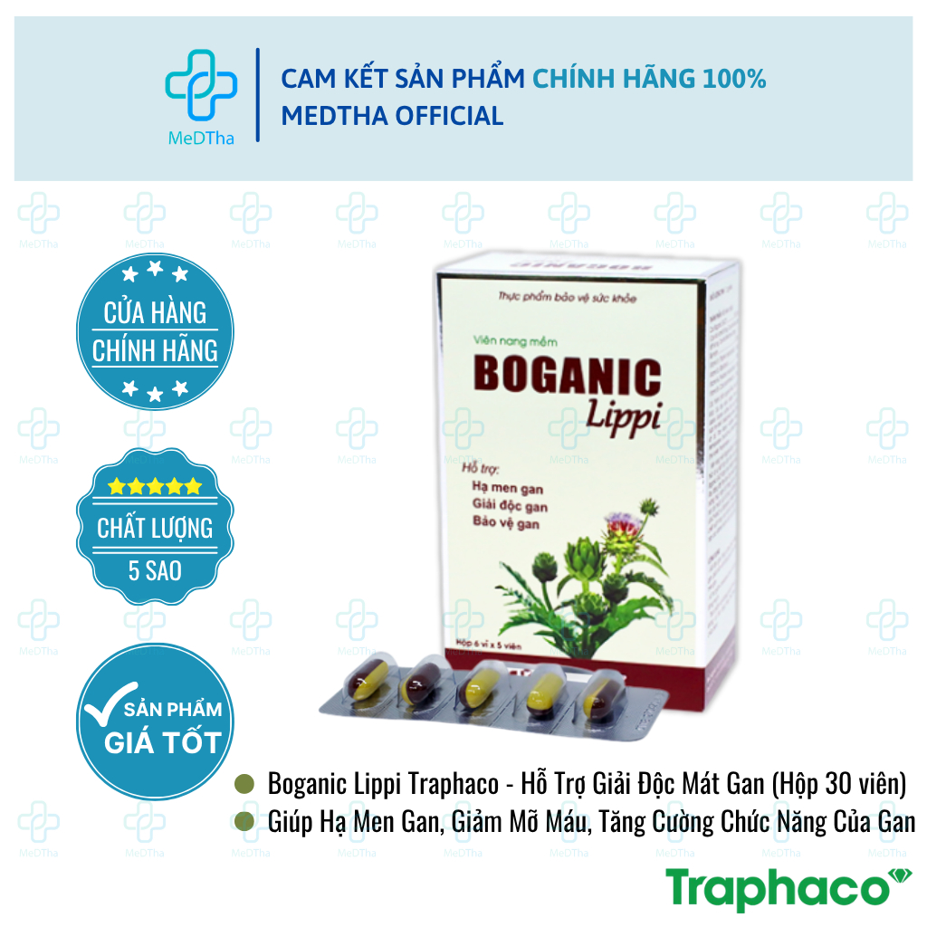 Boganic Lippi Traphaco - Hỗ Trợ Giải Độc Mát Gan, Hạ Men Gan, Tăng Cường Chức Năng Gan (Hộp 30V)