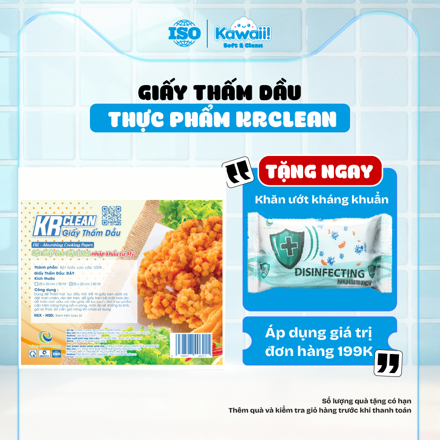 Giấy thấm dầu thực phẩm Krclean 15x20/ 25x25cm 80 tờ, giấy hút dầu mỡ thức ăn chiên rán, an toàn