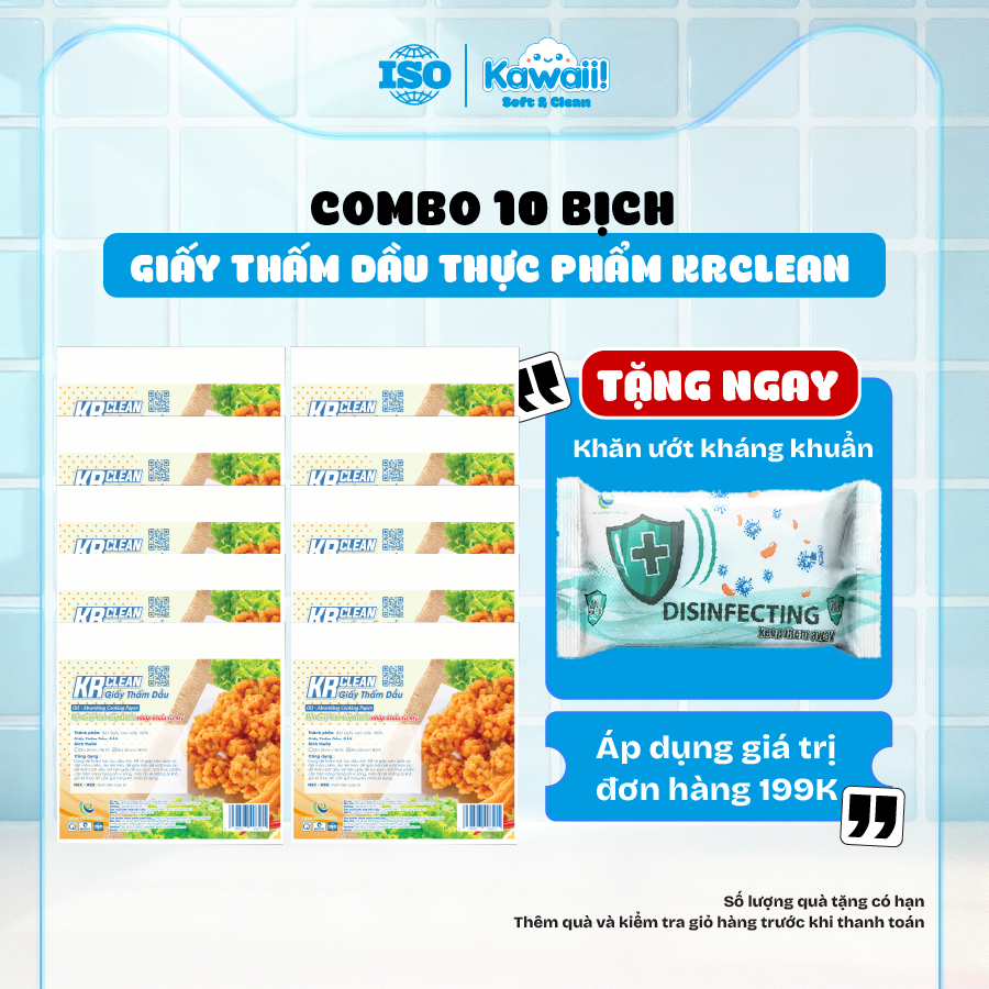 Combo 10 bịch giấy thấm dầu thực phẩm Krclean 80 tờ, giấy hút dầu mỡ thức ăn chiên rán, giấy thấm dầ