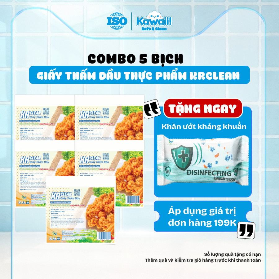 Combo 5 bịch giấy thấm dầu thực phẩm Krclean 15x20/ 25x25cm 80 tờ, giấy hút dầu mỡ thức chiên rán, t