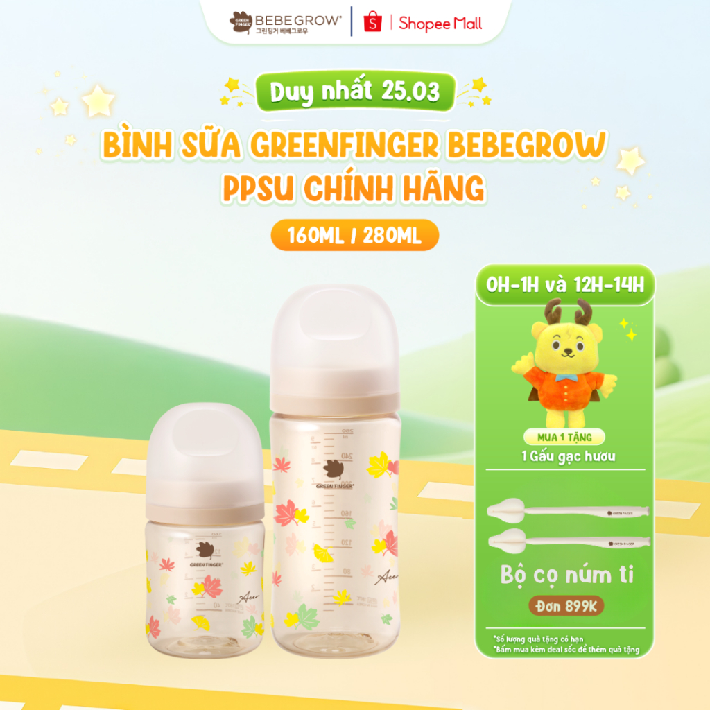 Bình sữa cho bé Greenfinger Bebegrow chất liệu nhựa PPSU an toàn, chịu nhiệt tốt 160ml/280ml Green Finger