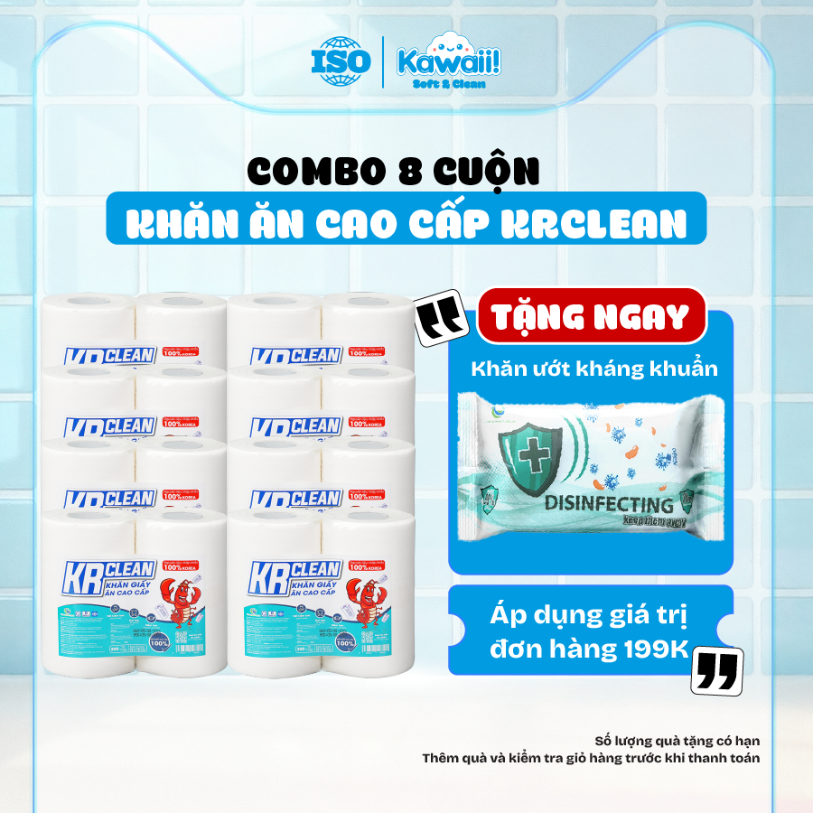 Combo 8 cặp Khăn ăn cao cấp Krclean 200 tờ size 15x15cm, khăn ăn tiệc,khăn nhà hàng không bụi giấy