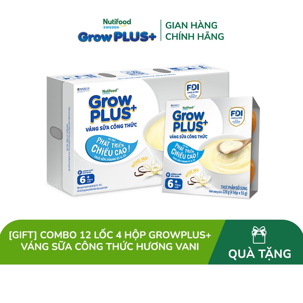 [Gift] Combo 12 Lốc 4 hộp GrowPLUS+ Váng sữa công thức Cao lớn vượt trội Vani