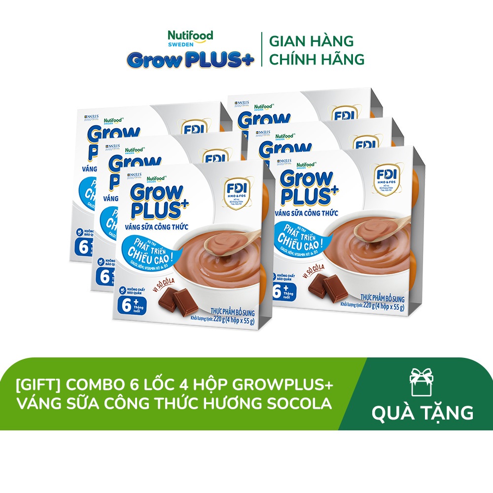 [Gift] Combo 6 Lốc 4 hộp GrowPLUS+ Váng sữa công thức Cao lớn vượt trội Socola