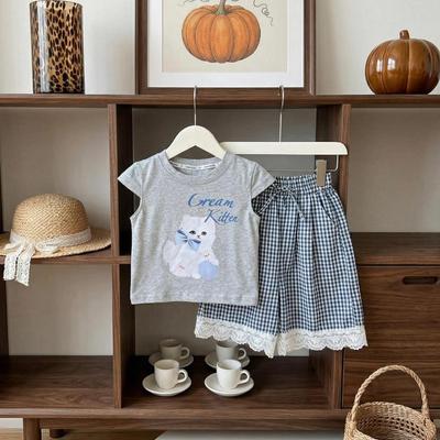 Set Áo Thun Tay Ngắn Họa Tiết Mèo Quần Dài Caro Cho Bé Gái 1-8 Tuổi MINTSCLOSET Quảng Châu - GA2517