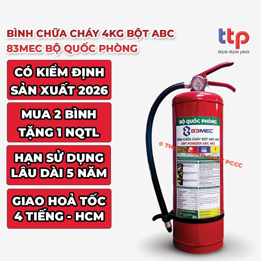 (Hoả tốc - HCM) Bình Chữa Cháy Bột 4kg Bột ABC 83MEC Bộ Quốc Phòng Có Tem Kiểm Định