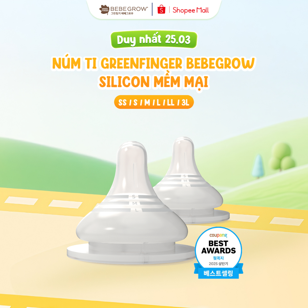 Núm ti Greenfinger Bebegrow Hàn Quốc mềm mại 2 van thoát khí bé bú bình sữa thoải mái SS/S/M/L/LL/3L