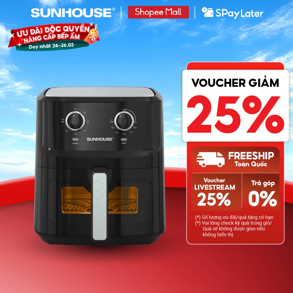 Nồi chiên không dầu 6.5L SUNHOUSE SHD4030 - Công nghệ Rapid Air giảm tới 80% dầu mỡ