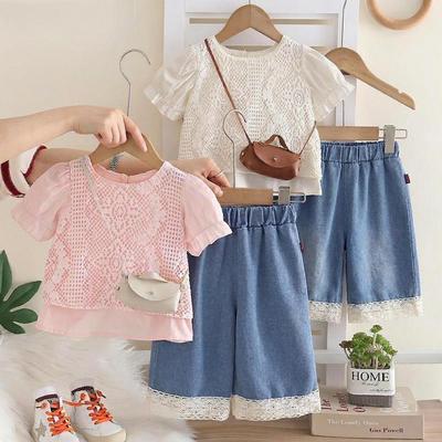 Set Áo Thun Tay Ngắn Ren Quần Ống Rộng Denim Cho Bé Gái 1-5 Tuổi MINTSCLOSET Quảng Châu - GA2523