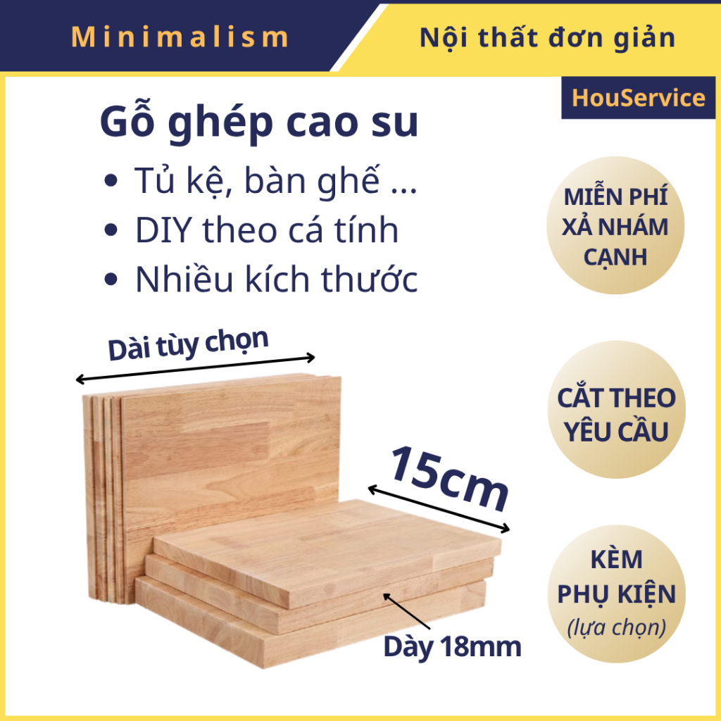 [Cắt theo yc] Tấm gỗ làm kệ rộng 15cm được xẻ từ ván gỗ ghép cao su. Ván gỗ làm kệ bàn, DIY nội thất