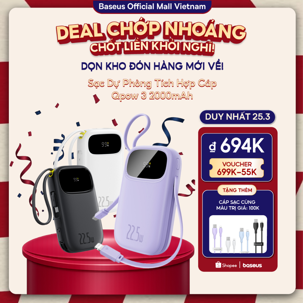 【Chứng chỉ 3C】Baseus Qpow3 Pin Dự Phòng 20000mAh/10000mAh PD22.5W Màn Số LED Cáp Kép Sạc Nhanh 2 Thiết Bị Nhỏ Gọn Bỏ Túi