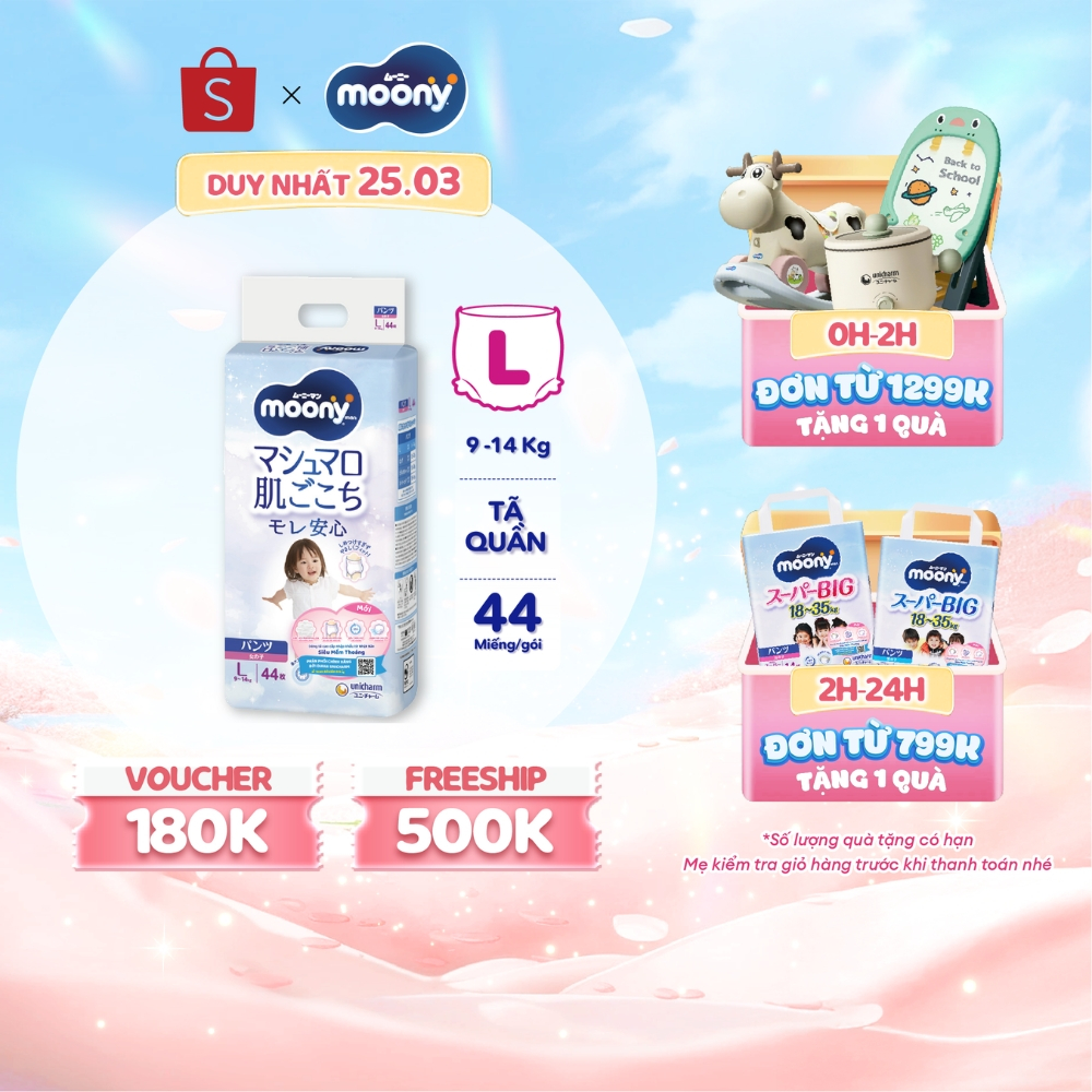 Tã quần cao cấp Moony Bé Gái L44/XL38/XXL26 - Nhập khẩu Nhật Bản