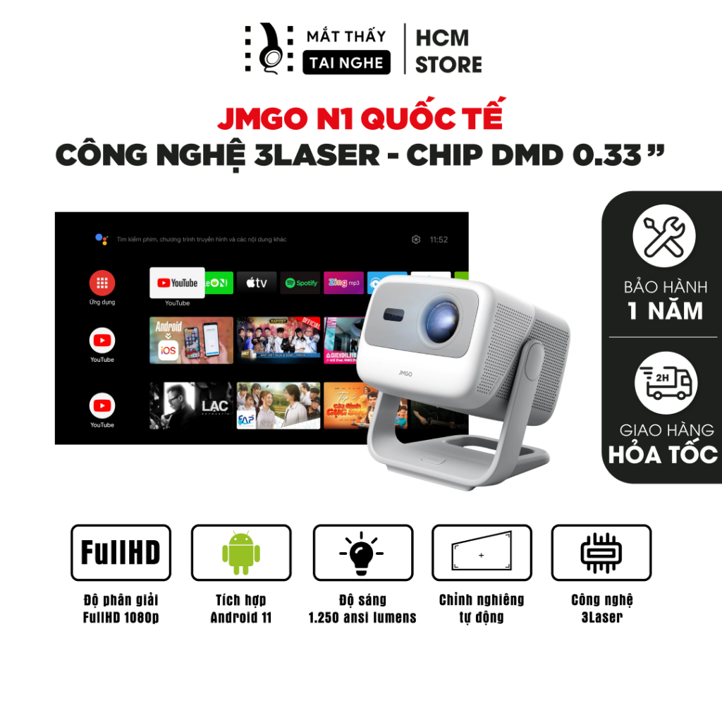 JMGO N1 Quốc tế - Máy chiếu thông minh tích hợp AndroidTV 11, độ phân giải FullHD, độ sáng 1250 ansi